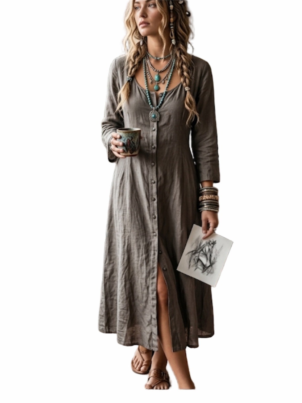 Krista Larson Artisanal Gray Silk Dress OS tie back